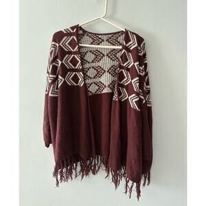 Charlotte Russe Sweater Women's S/M Maroon Cardigan Aztec Southwestern Fringe